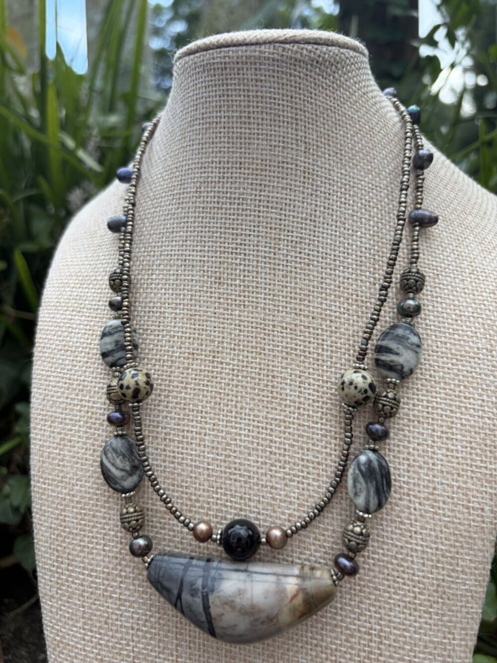 Boho Picture Jasper Dalmatian Stone Freshwater Pearl Layered Necklace Silver 17"
